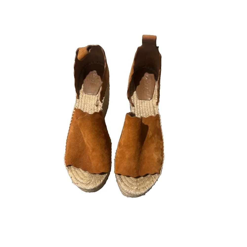 Chloe Lauren Scalloped Suede Espadrille Wedge Sandals Tan Brown US 7 NO STRAPS
